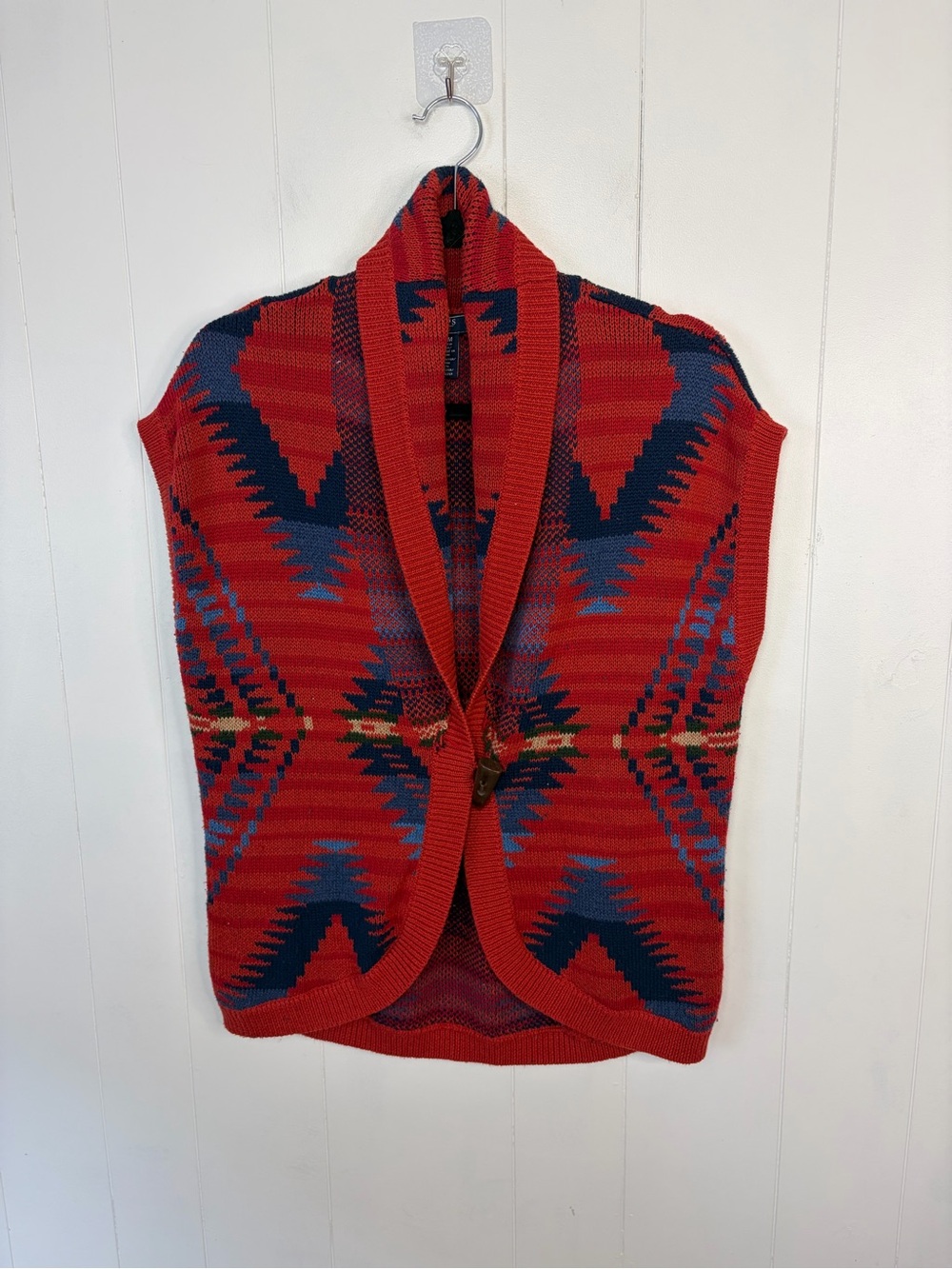 Chaps Denim Womens Red Blue Southwestern Aztec Toggle Button Sweater Vest Medium